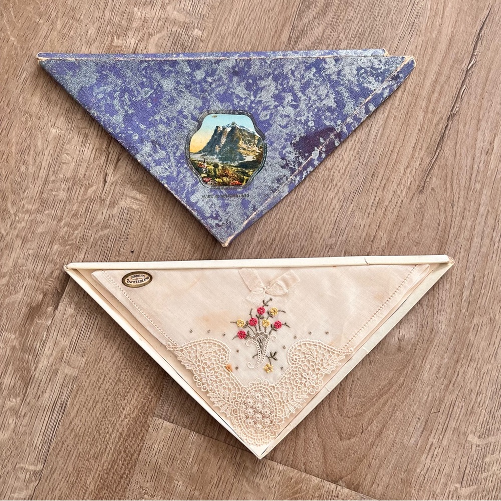 Vintage The Luzern Swiss‎ Floral Embroidered Handkerchief in Original Box New
